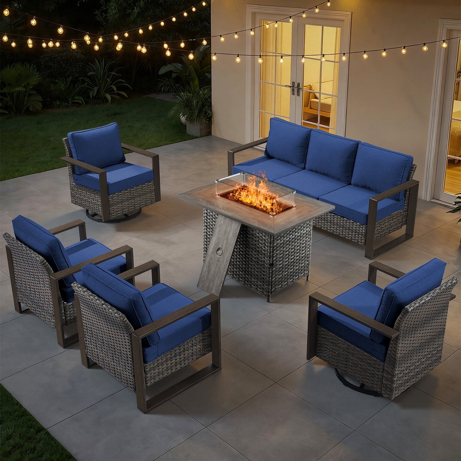 Bellefurn Luxury Patio Furniture Sets with 41” Propane Fire Pit Table,Rattan Outdoor Deep Seating Conversation Set with Swivel Glider Patio Chair,Rattan Sofa&Ottomans for Porch Backyard