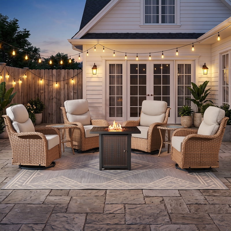 Bellefurn Luxury 6 Pieces Outdoor Patio Furniture Set with Swivel Rocker Chairs 6-inch Extra Thick Cushions,Sofa Coffee Table,Wicker Conversation Sets for Porch Deck Backyard Poolside