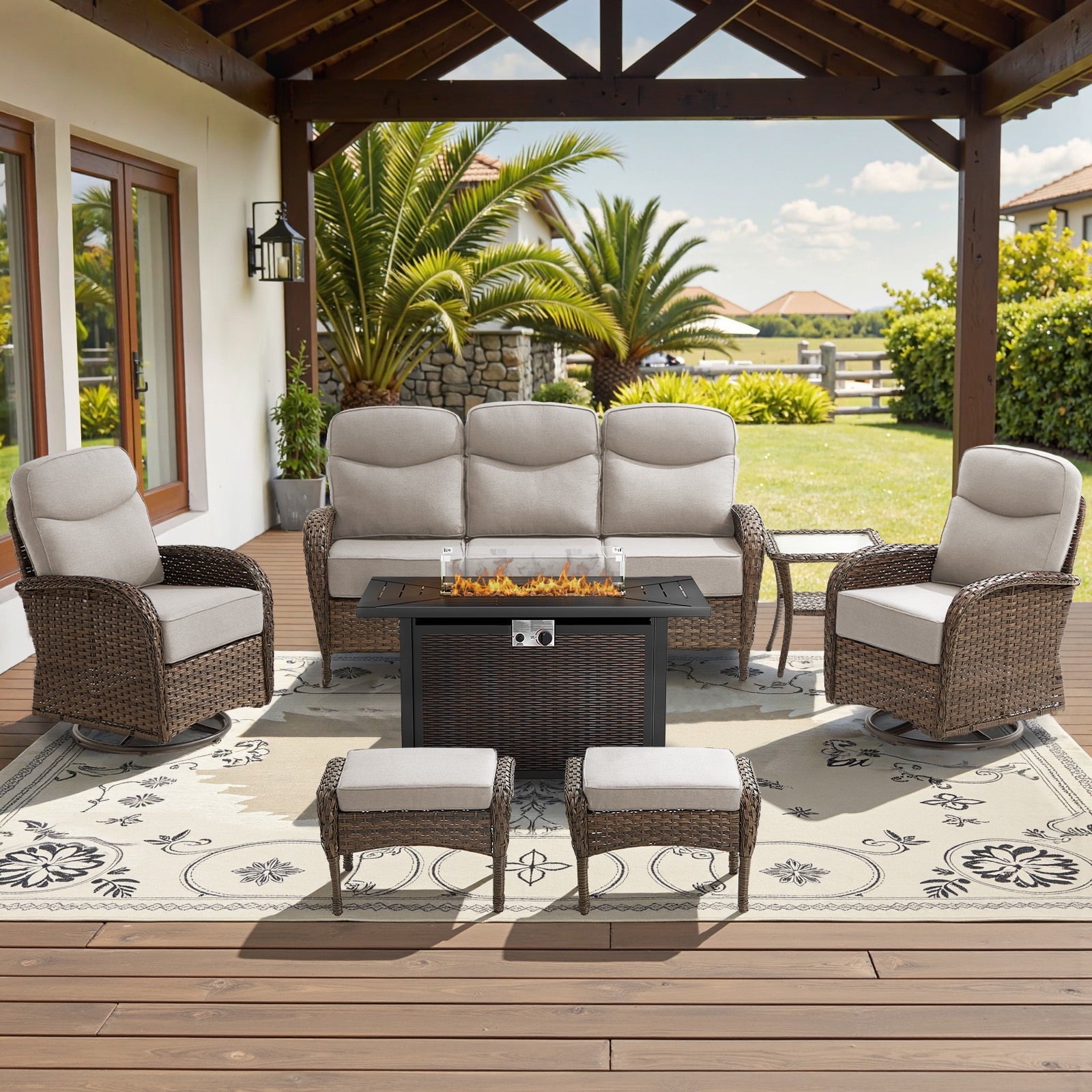 Bellefurn Luxury Patio Furniture Sets with 6-Inch Thick Cushions,High Back Wicker Swivel Rocker Patio Chairs,Outdoor Couch and Ottomans,All-Weather Conversation Set for Porch Deck Yard Pool