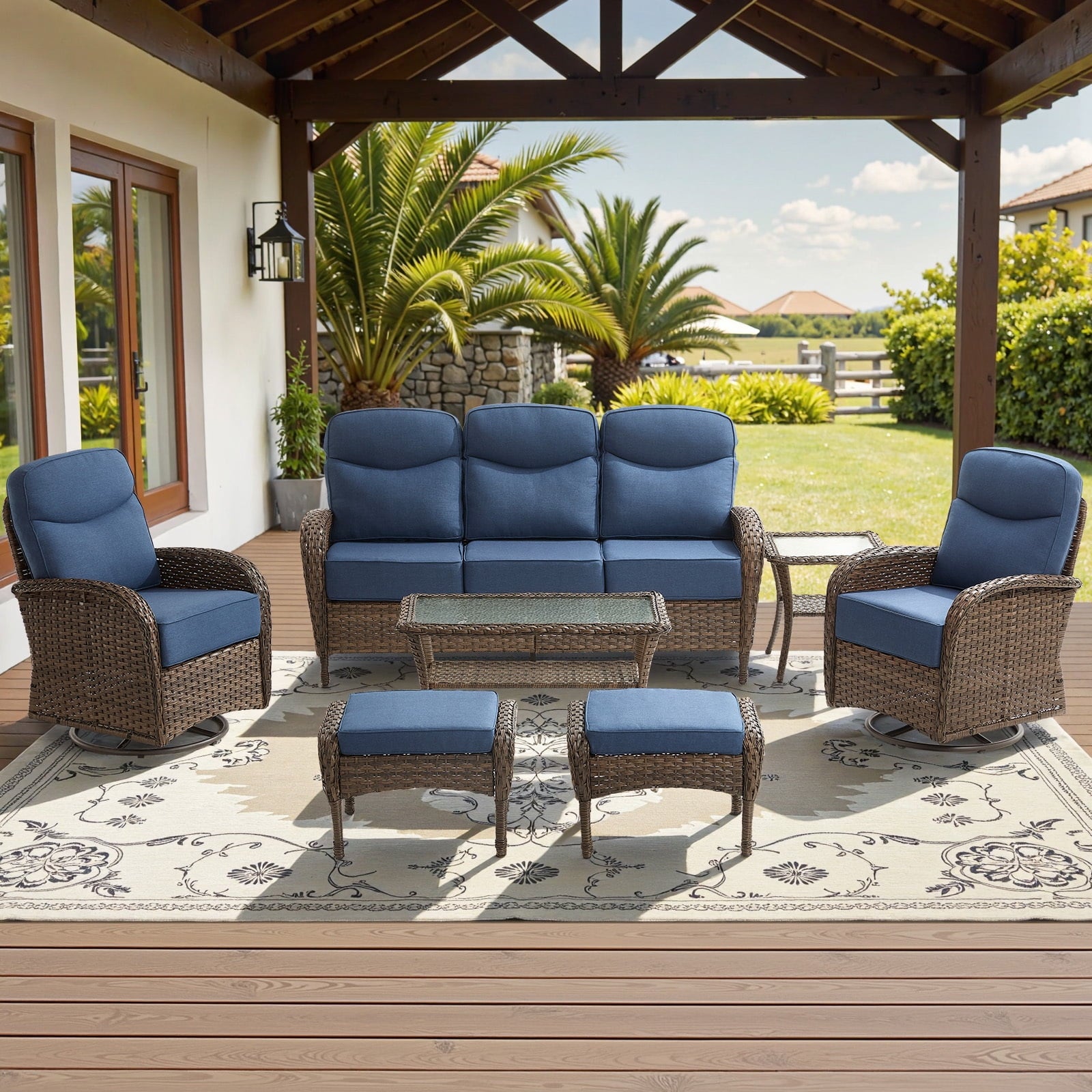 Bellefurn Luxury Patio Furniture Sets with 6-Inch Thick Cushions,High Back Wicker Swivel Rocker Patio Chairs,Outdoor Couch and Ottomans,All-Weather Conversation Set for Porch Deck Yard Pool