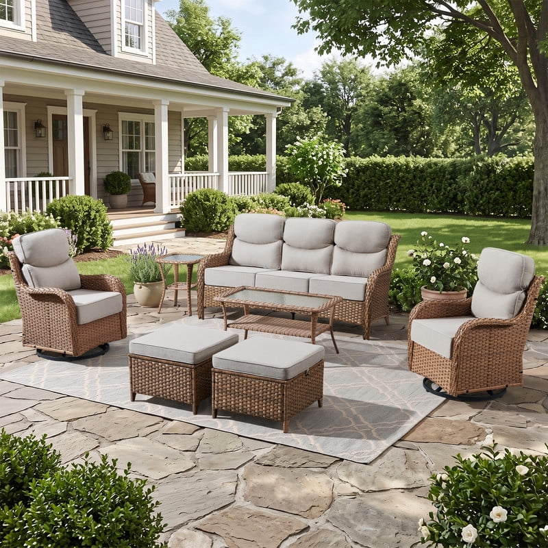 Bellefurn Luxury 6 Pieces Outdoor Patio Furniture Set with Swivel Rocker Chairs 6-inch Extra Thick Cushions,Sofa Coffee Table,Wicker Conversation Sets for Porch Deck Backyard Poolside