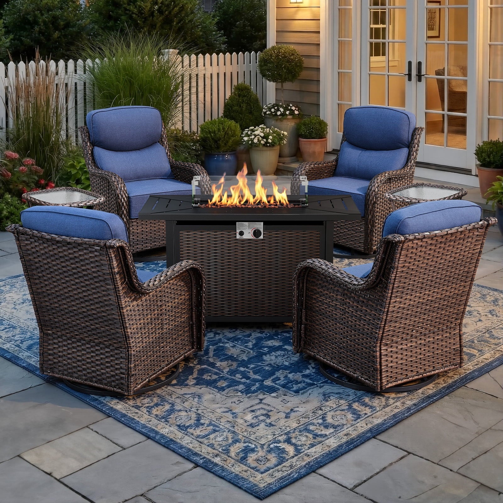 Bellefurn Luxury Outdoor Patio Furniture Sets Outdoor Conversation Sets with Swivel Rocker Patio Chairs with 6" Thick Cushion,Sofa and Glass Coffee Table for Porch Deck Backyard Poolside