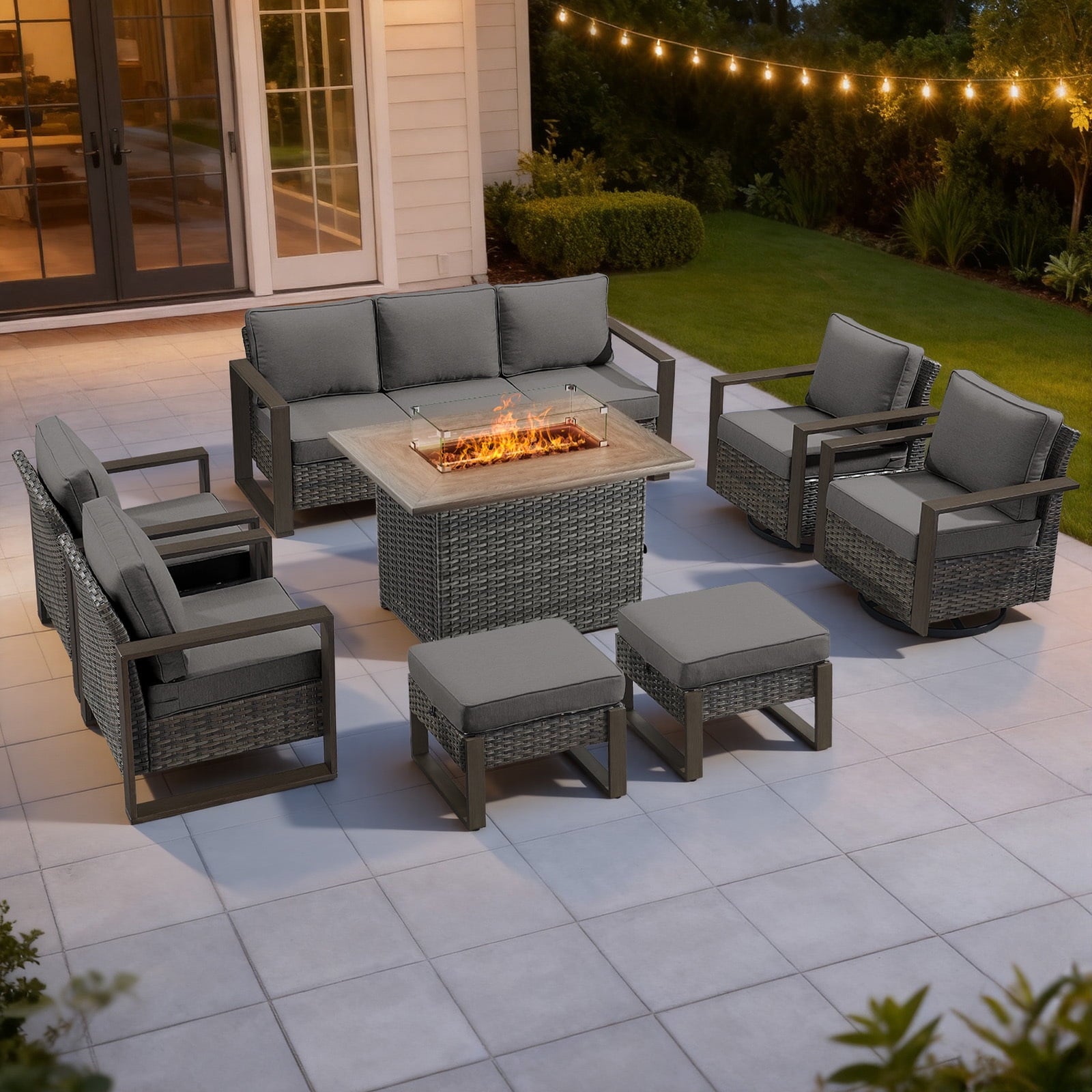 Bellefurn Luxury Patio Furniture Sets with 41” Propane Fire Pit Table,Rattan Outdoor Deep Seating Conversation Set with Swivel Glider Patio Chair,Rattan Sofa&Ottomans for Porch Backyard