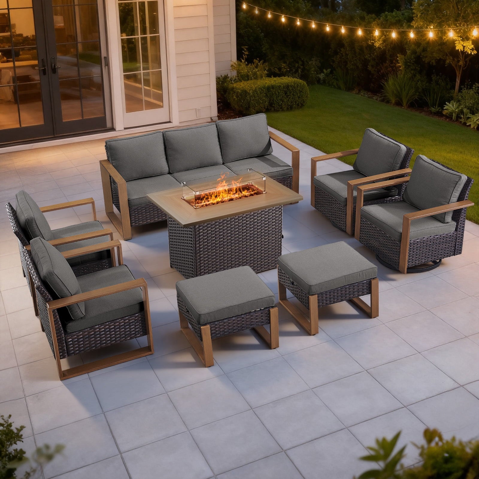 Bellefurn Luxury Patio Furniture Sets with 41” Propane Fire Pit Table,Rattan Outdoor Deep Seating Conversation Set with Swivel Glider Patio Chair,Rattan Sofa&Ottomans for Porch Backyard