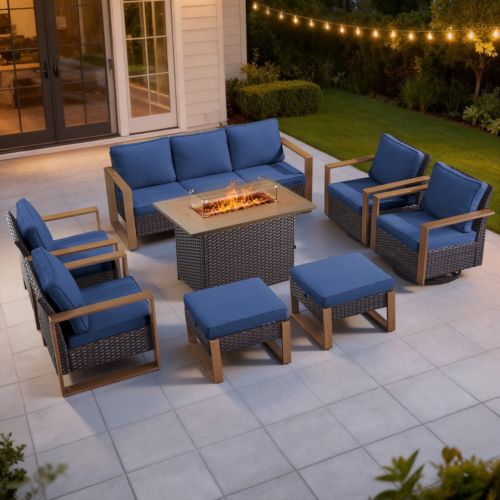 Bellefurn Luxury Patio Furniture Sets with 41” Propane Fire Pit Table,Rattan Outdoor Deep Seating Conversation Set with Swivel Glider Patio Chair,Rattan Sofa&Ottomans for Porch Backyard