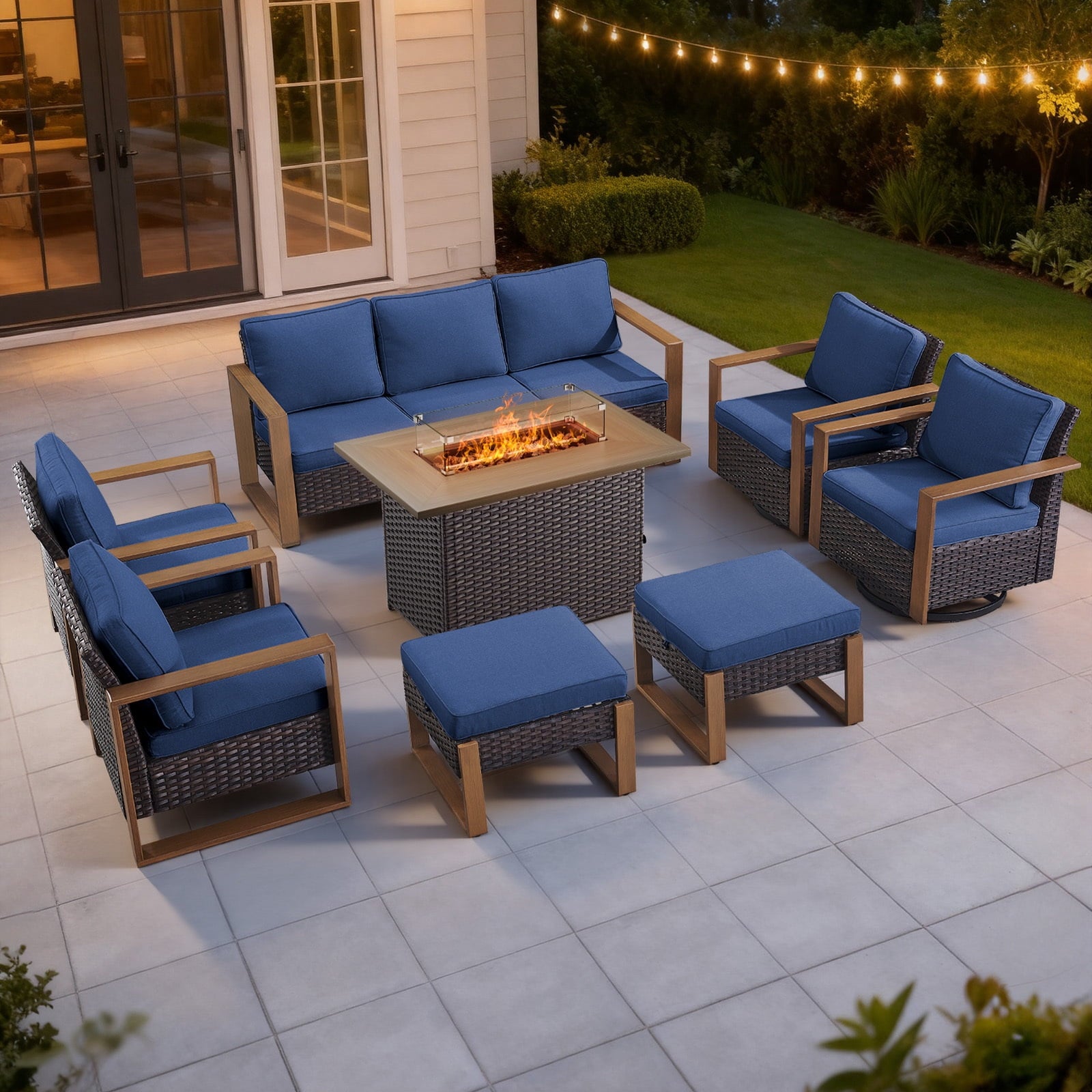 Bellefurn Luxury Patio Furniture Sets with 41” Propane Fire Pit Table,Rattan Outdoor Deep Seating Conversation Set with Swivel Glider Patio Chair,Rattan Sofa&Ottomans for Porch Backyard