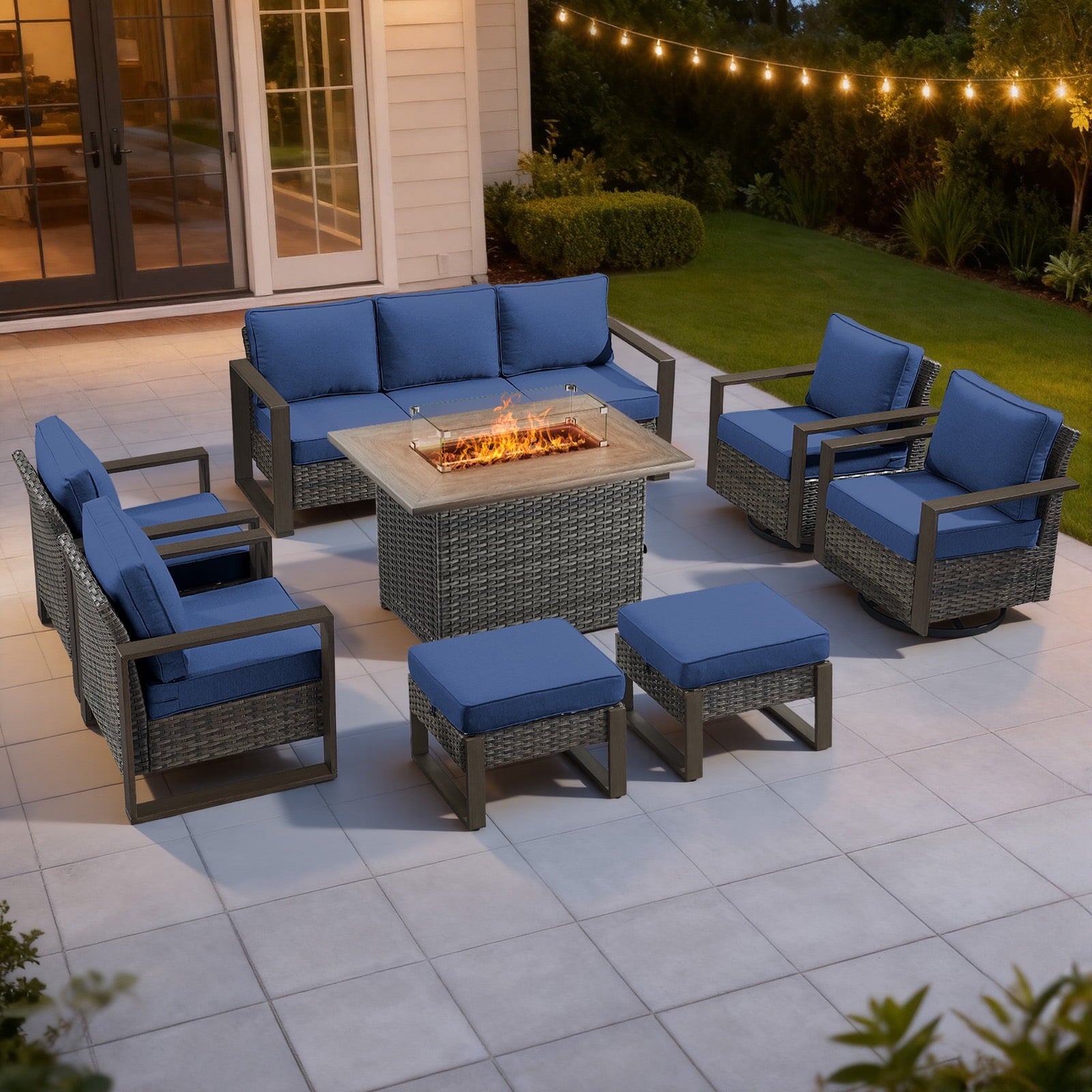 Bellefurn Luxury Patio Furniture Sets with 41” Propane Fire Pit Table,Rattan Outdoor Deep Seating Conversation Set with Swivel Glider Patio Chair,Rattan Sofa&Ottomans for Porch Backyard