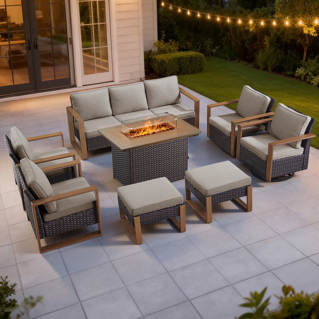 Bellefurn Luxury Patio Furniture Sets with 41” Propane Fire Pit Table,Rattan Outdoor Deep Seating Conversation Set with Swivel Glider Patio Chair,Rattan Sofa&Ottomans for Porch Backyard