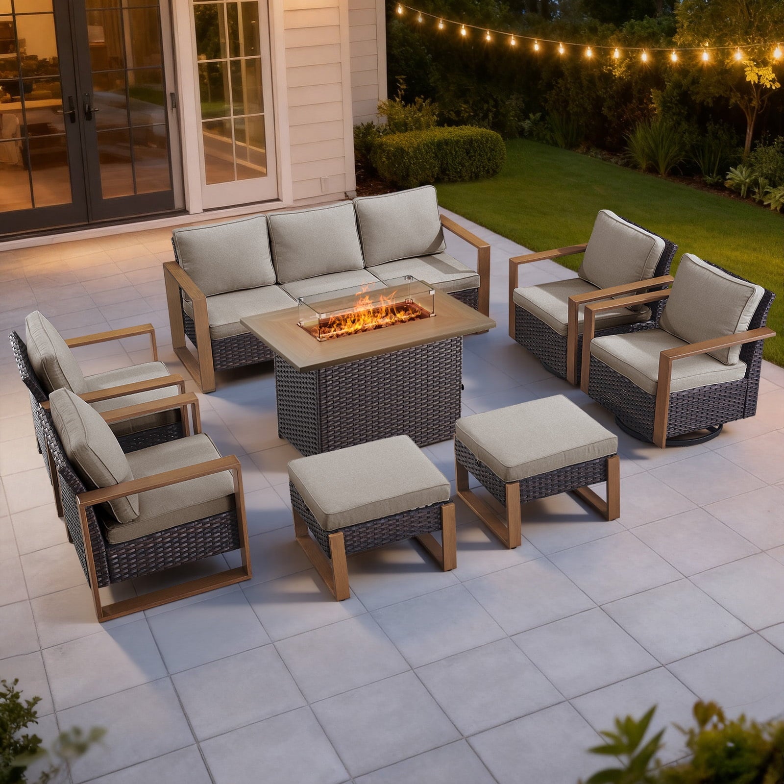 Bellefurn Luxury Patio Furniture Sets with 41” Propane Fire Pit Table,Rattan Outdoor Deep Seating Conversation Set with Swivel Glider Patio Chair,Rattan Sofa&Ottomans for Porch Backyard