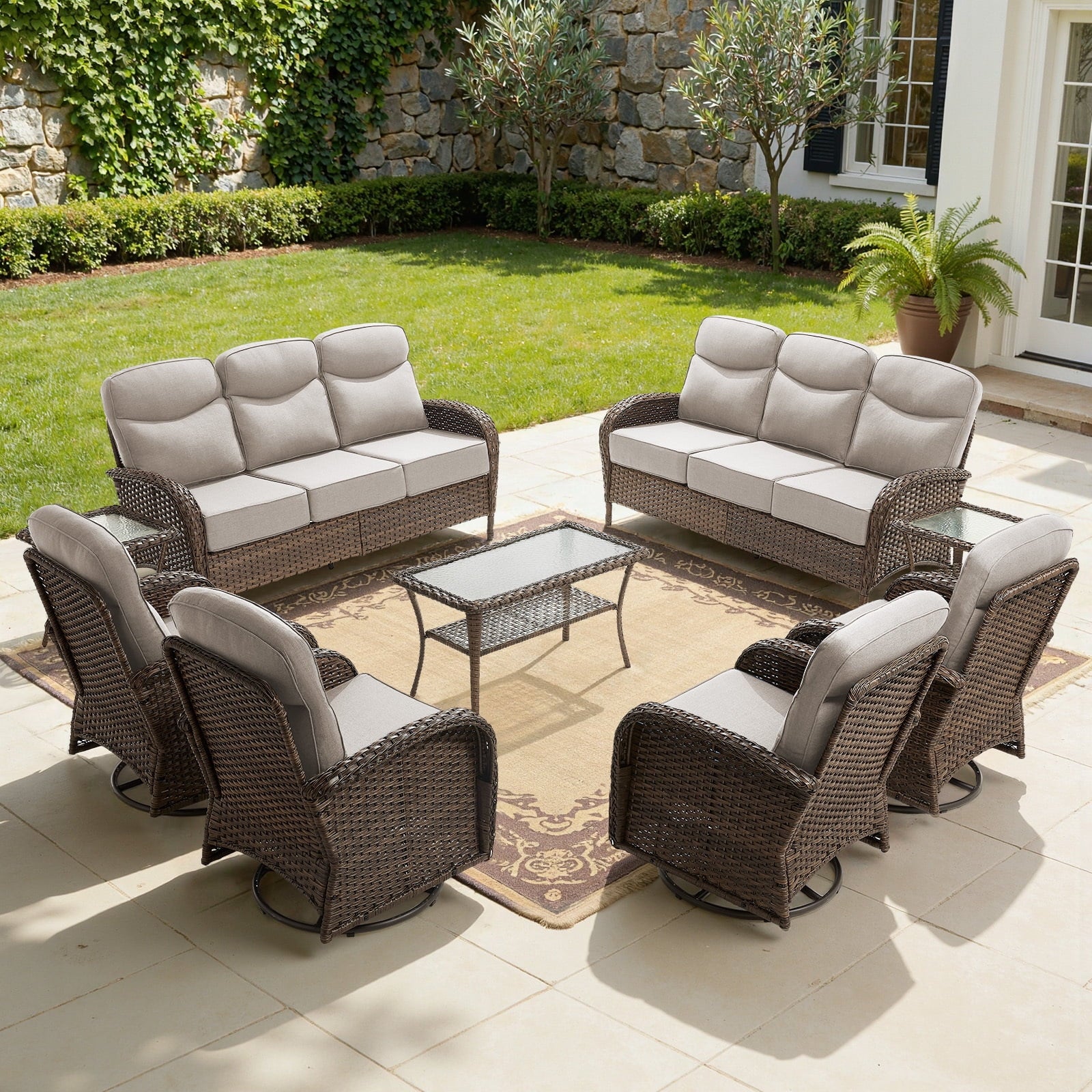 Bellefurn Luxury Patio Furniture Sets with 6-Inch Thick Cushions,High Back Wicker Swivel Rocker Patio Chairs,Outdoor Couch and Ottomans,All-Weather Conversation Set for Porch Deck Yard Pool