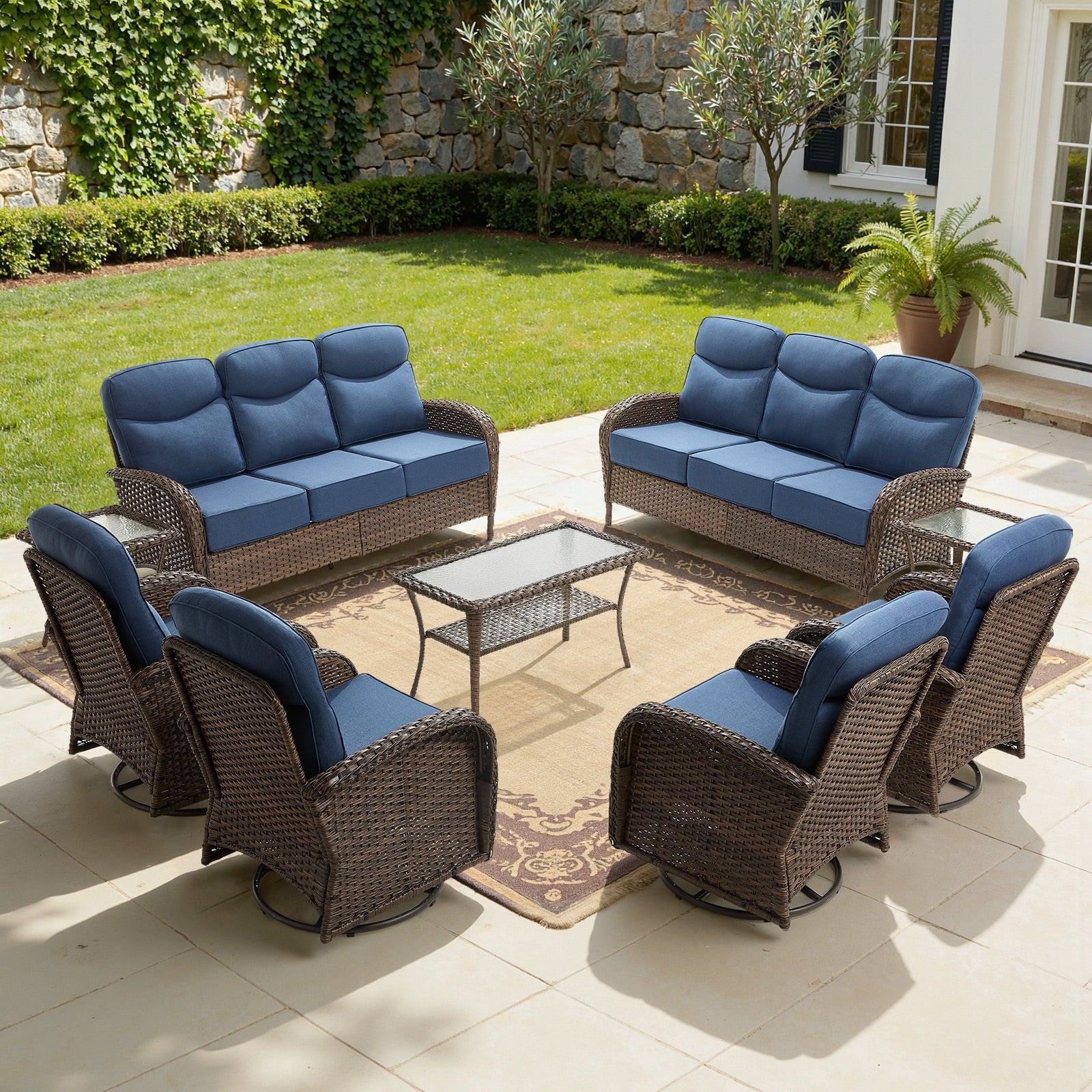 Bellefurn Luxury Patio Furniture Sets with 6-Inch Thick Cushions,High Back Wicker Swivel Rocker Patio Chairs,Outdoor Couch and Ottomans,All-Weather Conversation Set for Porch Deck Yard Pool