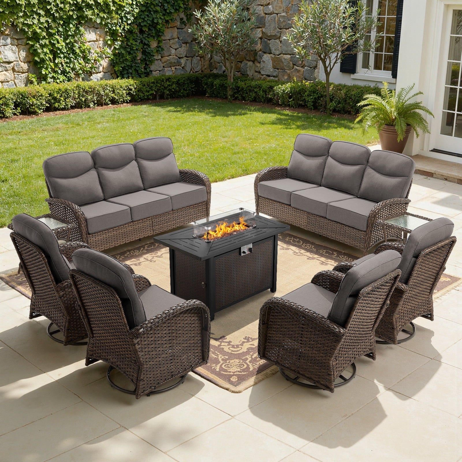 Bellefurn Luxury Patio Furniture Sets with 6-Inch Thick Cushions,High Back Wicker Swivel Rocker Patio Chairs,Outdoor Couch and Ottomans,All-Weather Conversation Set for Porch Deck Yard Pool