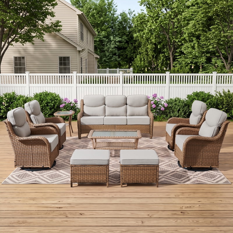 Bellefurn Luxury 6 Pieces Outdoor Patio Furniture Set with Swivel Rocker Chairs 6-inch Extra Thick Cushions,Sofa Coffee Table,Wicker Conversation Sets for Porch Deck Backyard Poolside