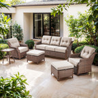 Luxury High Back Outdoor Furniture Set with 6 inch Thick Cushion,Patio Furniture Set with Swivel Rocker Chair,Sofa and Coffee Table,5 PCS Wicker Conversation Set for Yard,Deck,Poolside
