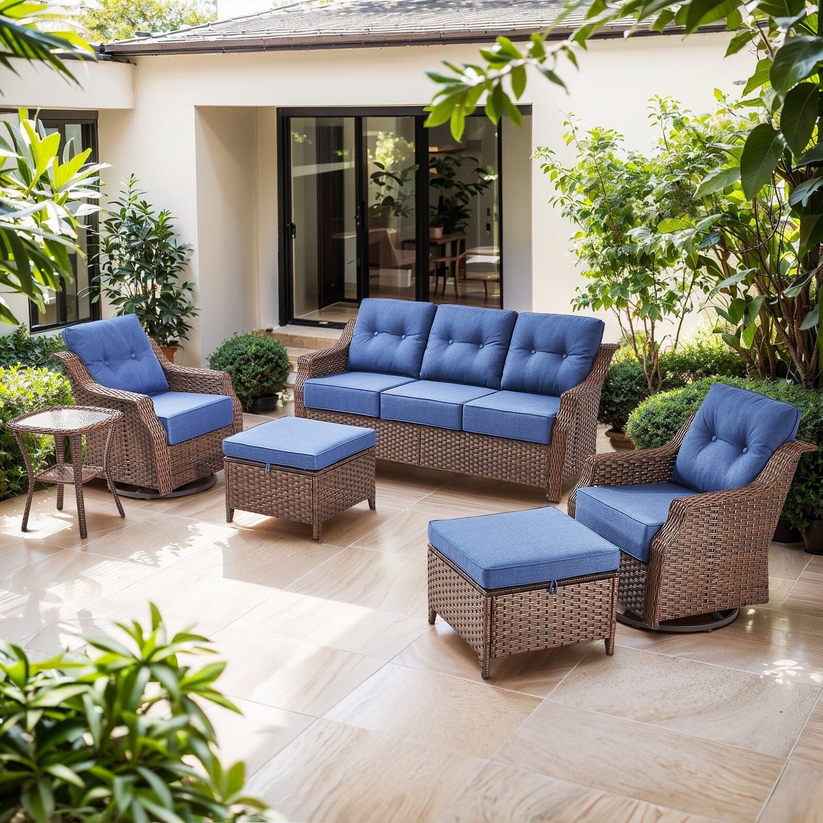 Luxury High Back Outdoor Furniture Set with 6 inch Thick Cushion,Patio Furniture Set with Swivel Rocker Chair,Sofa and Coffee Table,5 PCS Wicker Conversation Set for Yard,Deck,Poolside