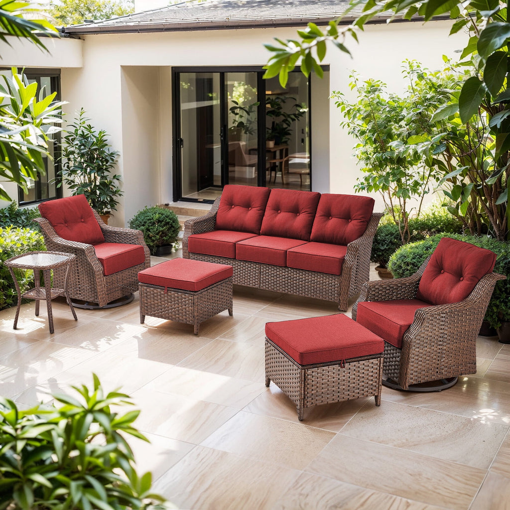 Luxury High Back Outdoor Furniture Set with 6 inch Thick Cushion,Patio Furniture Set with Swivel Rocker Chair,Sofa and Coffee Table,5 PCS Wicker Conversation Set for Yard,Deck,Poolside