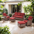 Luxury High Back Outdoor Furniture Set with 6 inch Thick Cushion,Patio Furniture Set with Swivel Rocker Chair,Sofa and Coffee Table,5 PCS Wicker Conversation Set for Yard,Deck,Poolside