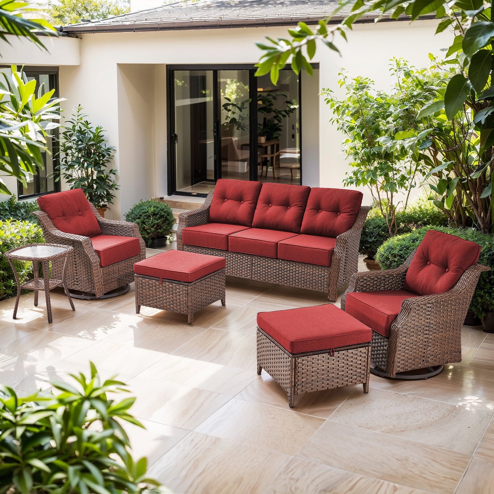 Luxury High Back Outdoor Furniture Set with 6 inch Thick Cushion,Patio Furniture Set with Swivel Rocker Chair,Sofa and Coffee Table,5 PCS Wicker Conversation Set for Yard,Deck,Poolside