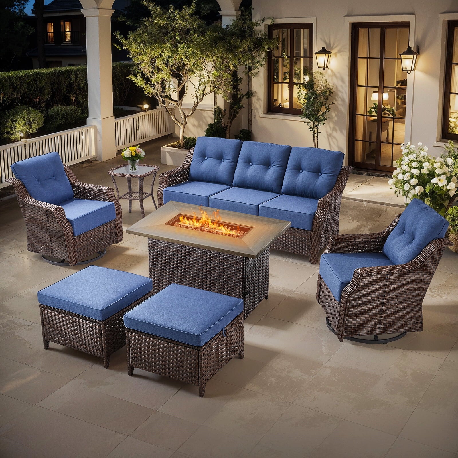 Luxury High Back Outdoor Furniture Set with 6 inch Thick Cushion,Patio Furniture Set with Swivel Rocker Chair,Sofa and Coffee Table,5 PCS Wicker Conversation Set for Yard,Deck,Poolside