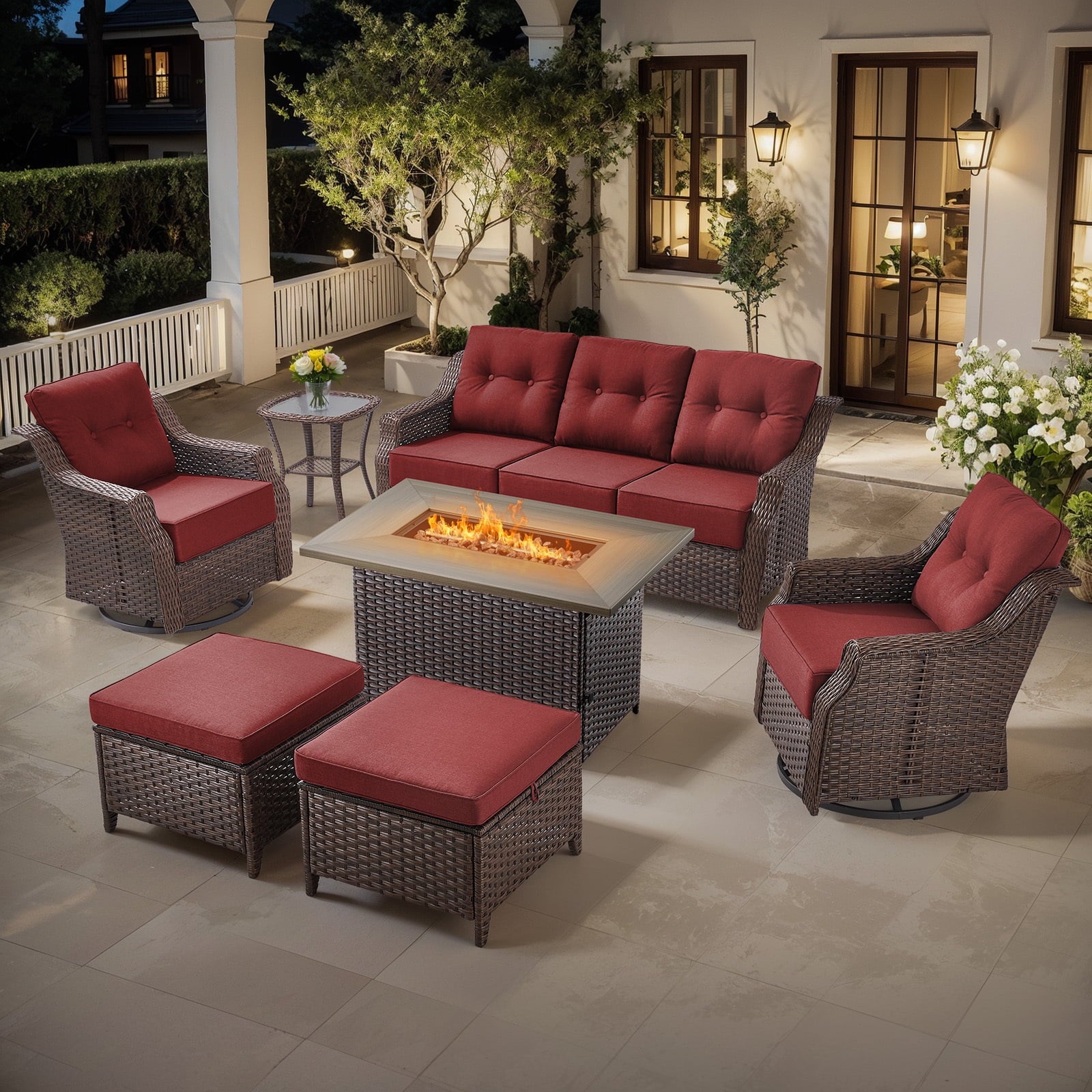Luxury High Back Outdoor Furniture Set with 6 inch Thick Cushion,Patio Furniture Set with Swivel Rocker Chair,Sofa and Coffee Table,5 PCS Wicker Conversation Set for Yard,Deck,Poolside