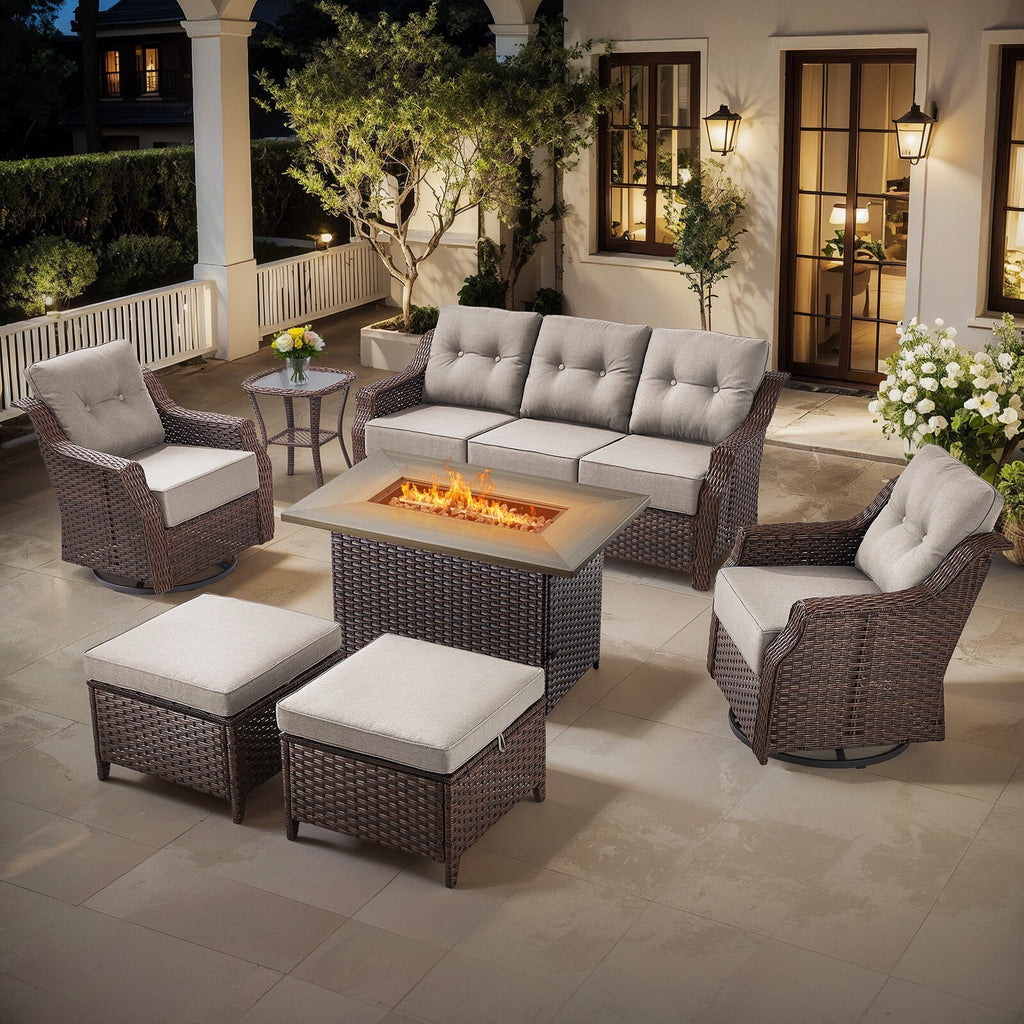 Luxury High Back Outdoor Furniture Set with 6 inch Thick Cushion,Patio Furniture Set with Swivel Rocker Chair,Sofa and Coffee Table,5 PCS Wicker Conversation Set for Yard,Deck,Poolside