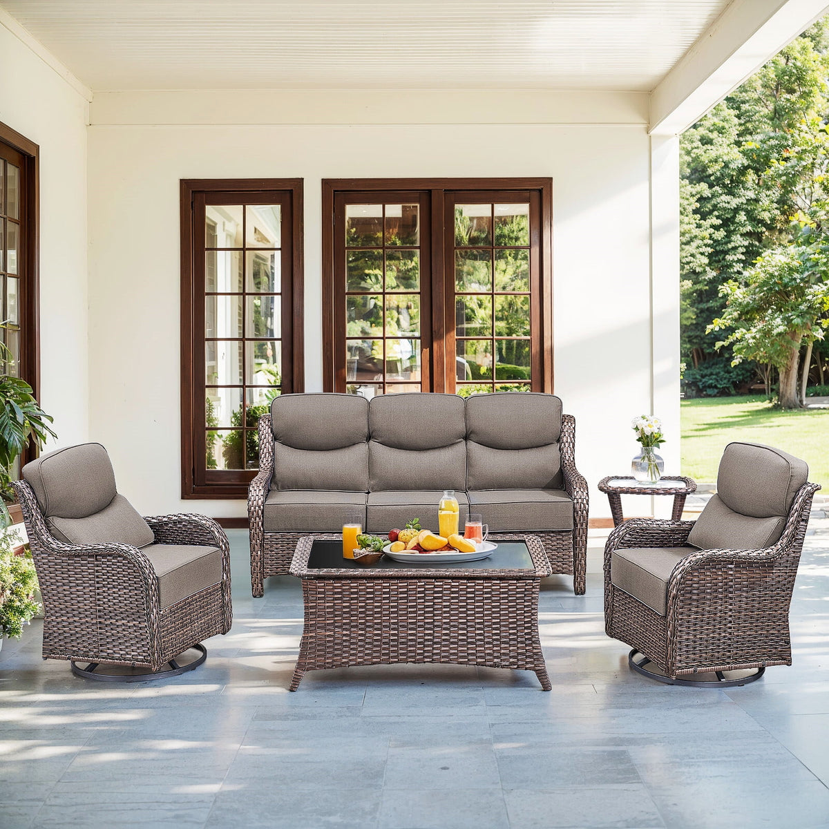 Bellefurn Luxury 6 Pieces Outdoor Patio Furniture Set with Swivel Rocker Chairs 6-inch Extra Thick Cushions,Sofa Coffee Table,Wicker Conversation Sets for Porch Deck Backyard Poolside