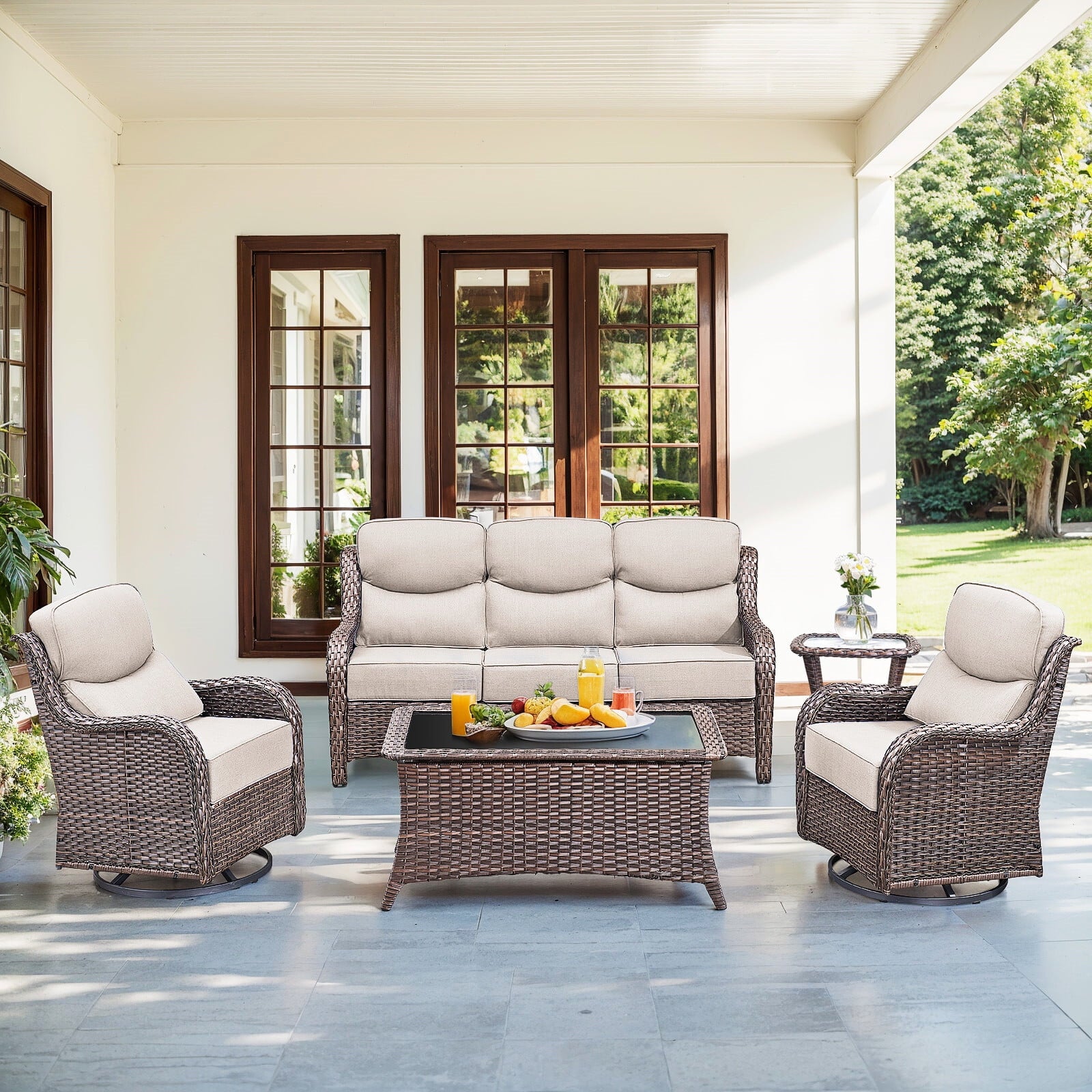 Bellefurn Luxury Outdoor Patio Furniture Sets Outdoor Conversation Sets with Swivel Rocker Patio Chairs with 6" Thick Cushion,Sofa and Glass Coffee Table for Porch Deck Backyard Poolside