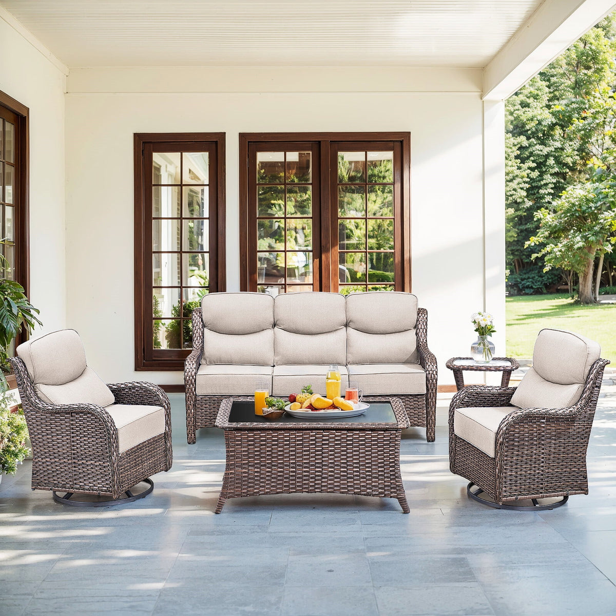 Bellefurn Luxury 6 Pieces Outdoor Patio Furniture Set with Swivel Rocker Chairs 6-inch Extra Thick Cushions,Sofa Coffee Table,Wicker Conversation Sets for Porch Deck Backyard Poolside
