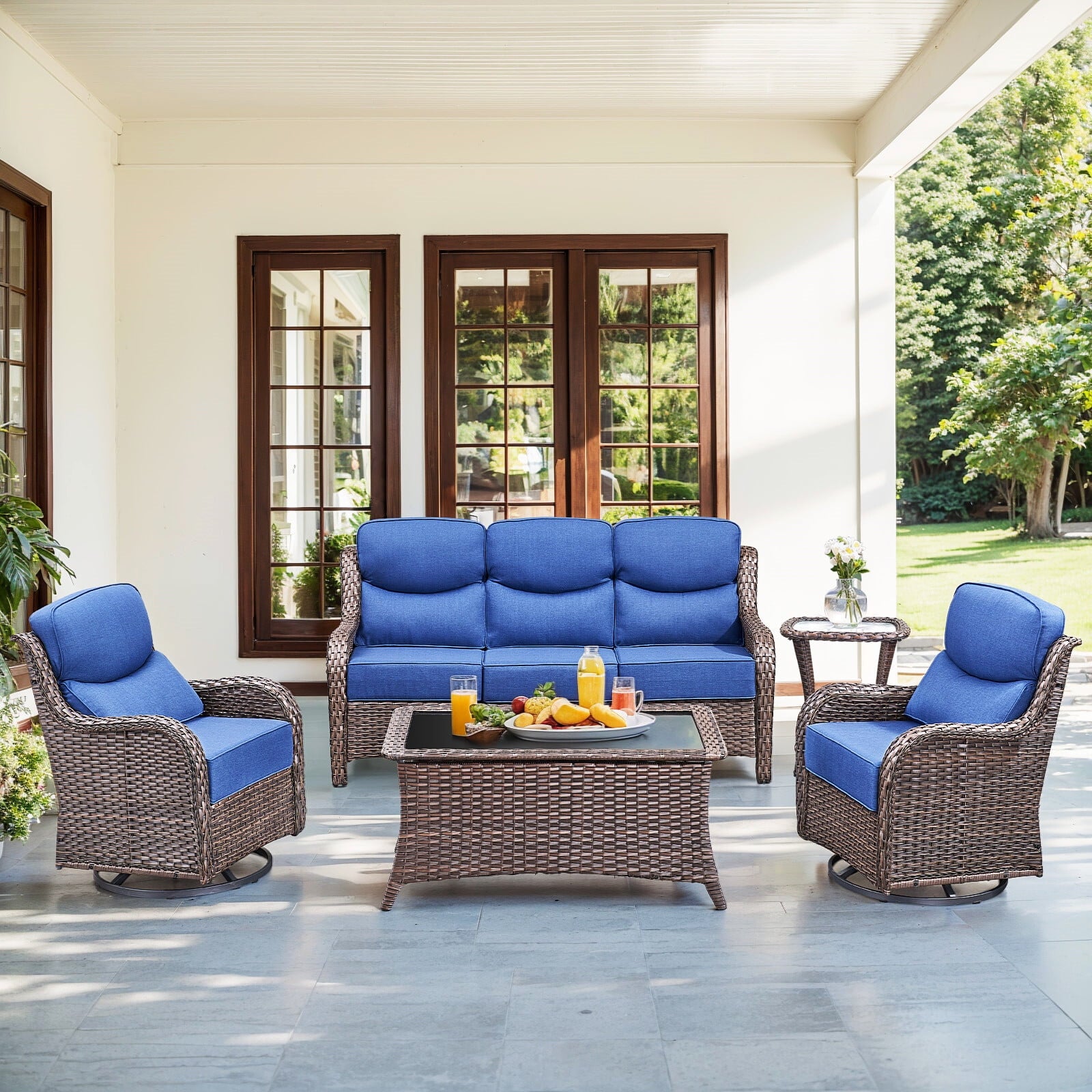 Bellefurn Luxury Outdoor Patio Furniture Sets Outdoor Conversation Sets with Swivel Rocker Patio Chairs with 6" Thick Cushion,Sofa and Glass Coffee Table for Porch Deck Backyard Poolside