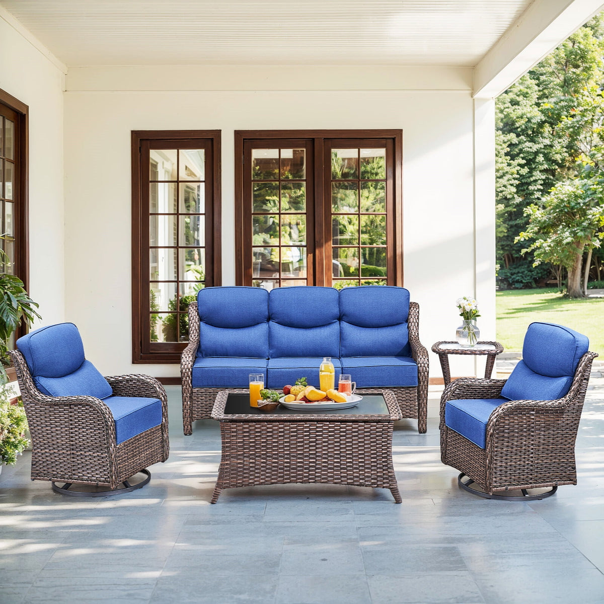 Bellefurn Luxury 6 Pieces Outdoor Patio Furniture Set with Swivel Rocker Chairs 6-inch Extra Thick Cushions,Sofa Coffee Table,Wicker Conversation Sets for Porch Deck Backyard Poolside