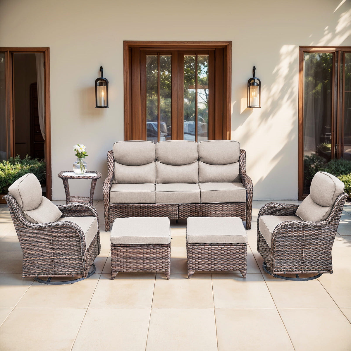 Bellefurn Luxury 6 Pieces Outdoor Patio Furniture Set with Swivel Rocker Chairs 6-inch Extra Thick Cushions,Sofa Coffee Table,Wicker Conversation Sets for Porch Deck Backyard Poolside
