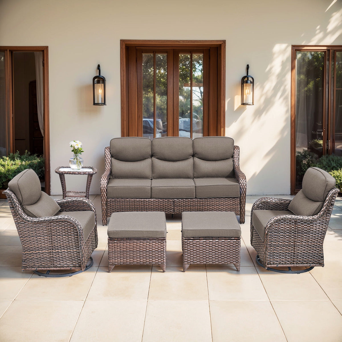 Bellefurn Luxury 6 Pieces Outdoor Patio Furniture Set with Swivel Rocker Chairs 6-inch Extra Thick Cushions,Sofa Coffee Table,Wicker Conversation Sets for Porch Deck Backyard Poolside