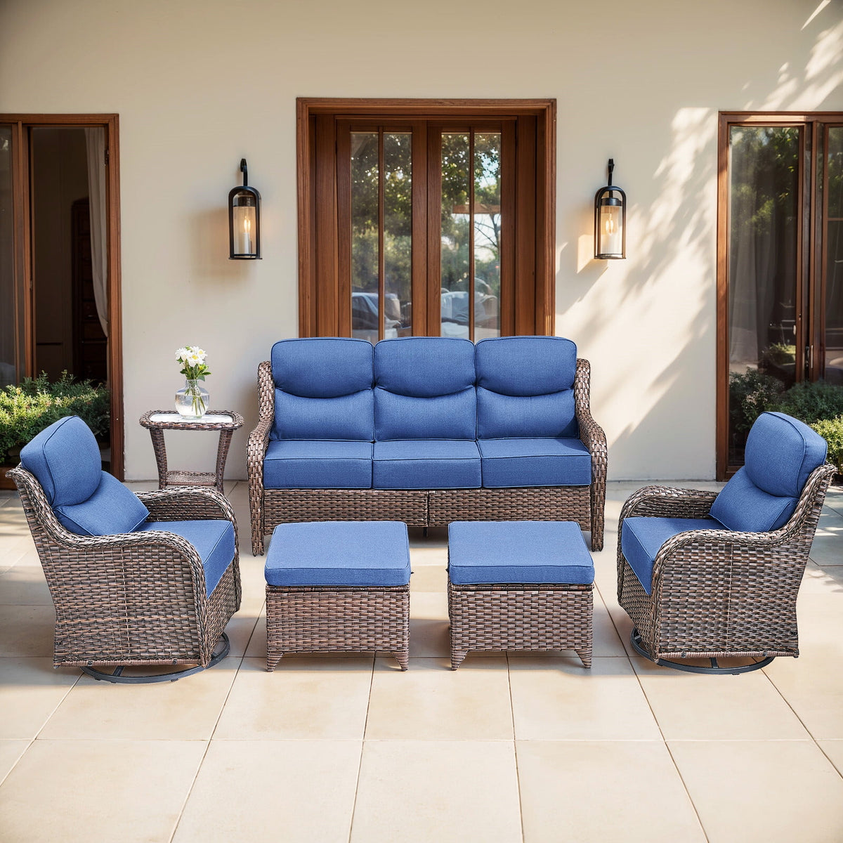 Bellefurn Luxury 6 Pieces Outdoor Patio Furniture Set with Swivel Rocker Chairs 6-inch Extra Thick Cushions,Sofa Coffee Table,Wicker Conversation Sets for Porch Deck Backyard Poolside