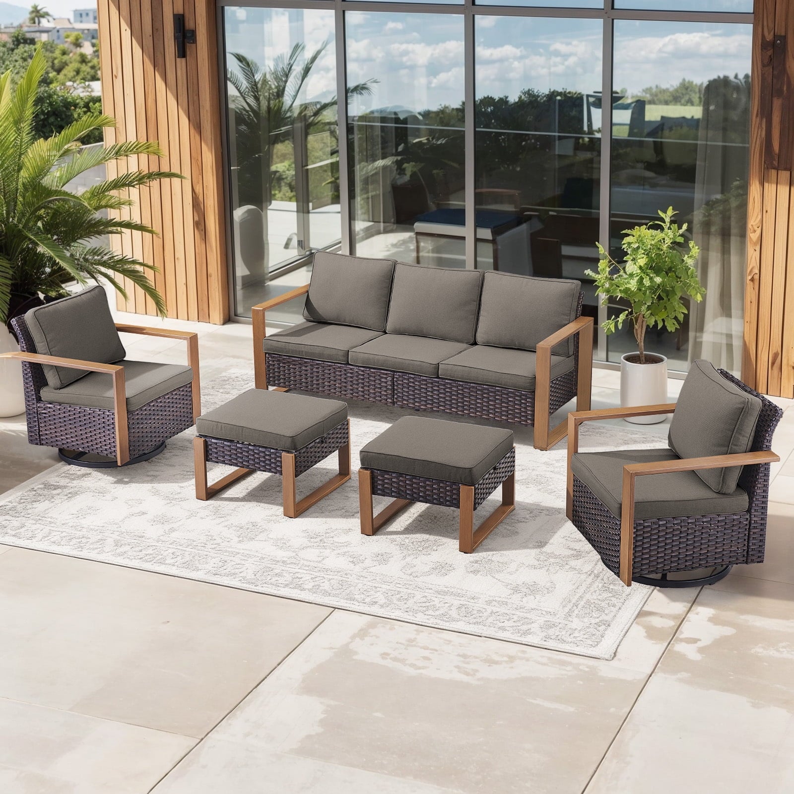 Bellefurn Luxury Patio Furniture Sets with 41” Propane Fire Pit Table,Rattan Outdoor Deep Seating Conversation Set with Swivel Glider Patio Chair,Rattan Sofa&Ottomans for Porch Backyard