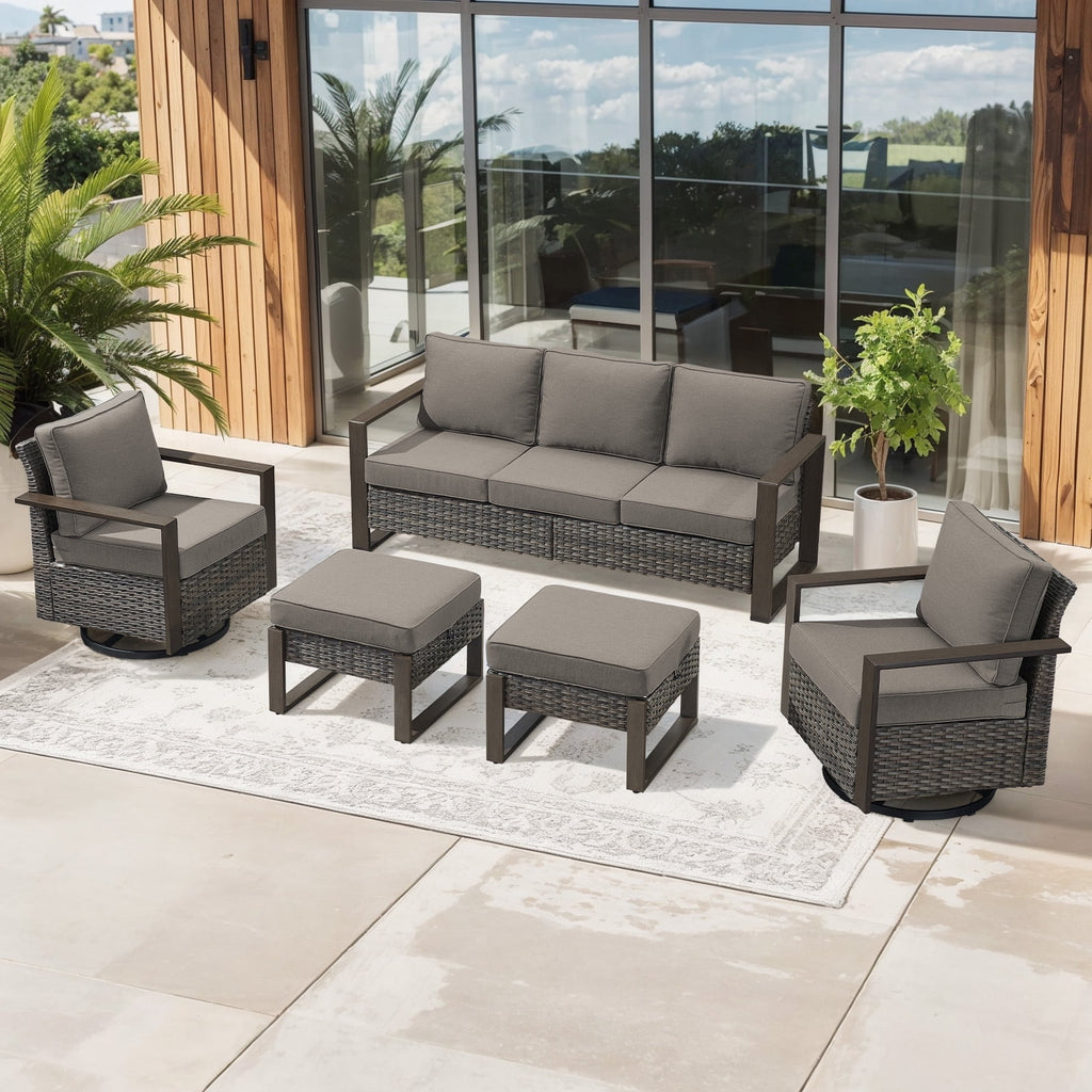 Bellefurn Luxury Patio Furniture Sets with 41” Propane Fire Pit Table,Rattan Outdoor Deep Seating Conversation Set with Swivel Glider Patio Chair,Rattan Sofa&Ottomans for Porch Backyard