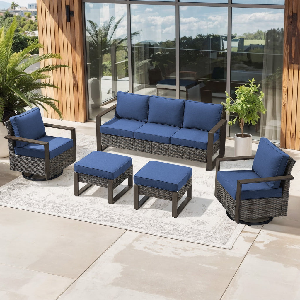 Bellefurn Luxury Patio Furniture Sets with 41” Propane Fire Pit Table,Rattan Outdoor Deep Seating Conversation Set with Swivel Glider Patio Chair,Rattan Sofa&Ottomans for Porch Backyard