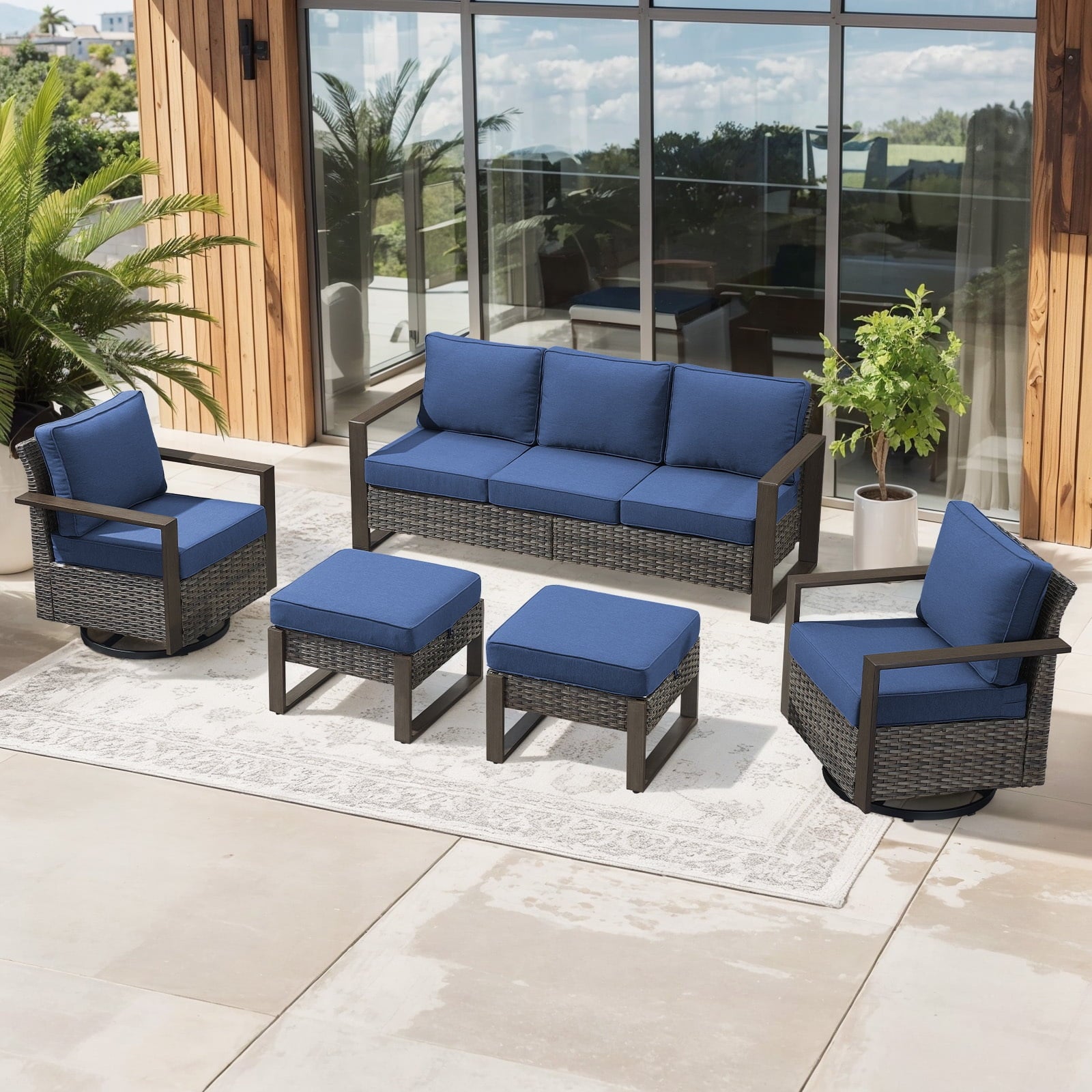 Bellefurn Luxury Patio Furniture Sets with 41” Propane Fire Pit Table,Rattan Outdoor Deep Seating Conversation Set with Swivel Glider Patio Chair,Rattan Sofa&Ottomans for Porch Backyard