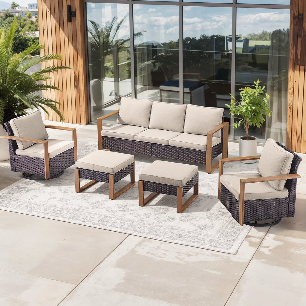 Bellefurn Luxury Patio Furniture Sets with 41” Propane Fire Pit Table,Rattan Outdoor Deep Seating Conversation Set with Swivel Glider Patio Chair,Rattan Sofa&Ottomans for Porch Backyard