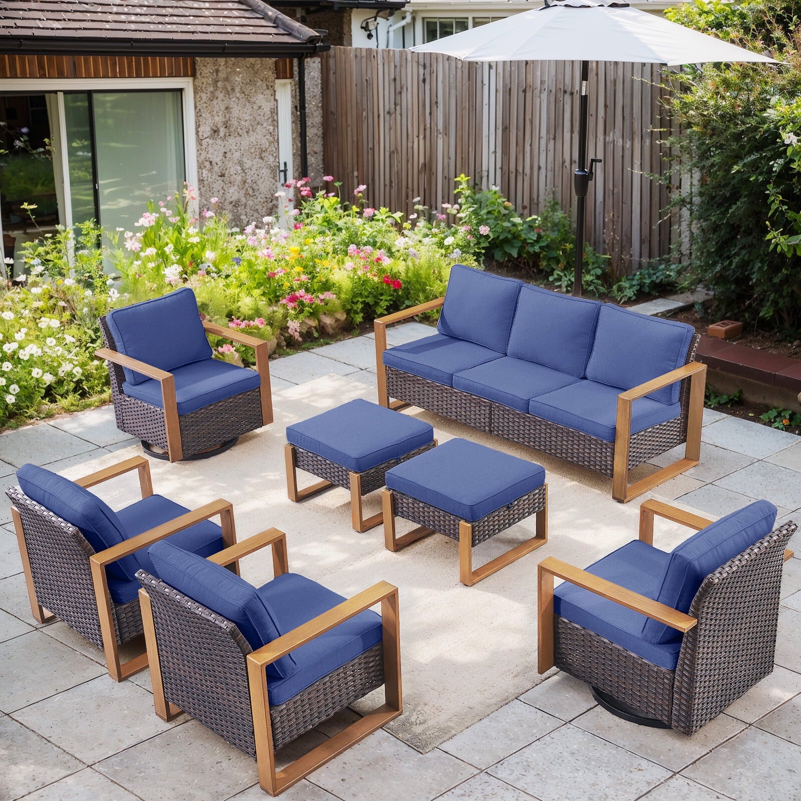 Bellefurn Luxury Patio Furniture Sets with 41” Propane Fire Pit Table,Rattan Outdoor Deep Seating Conversation Set with Swivel Glider Patio Chair,Rattan Sofa&Ottomans for Porch Backyard