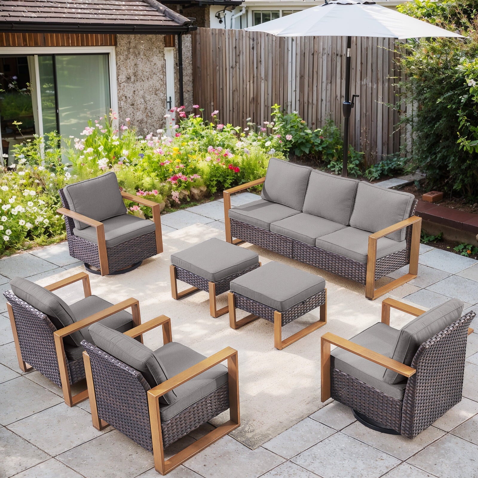 Bellefurn Luxury Patio Furniture Sets with 41” Propane Fire Pit Table,Rattan Outdoor Deep Seating Conversation Set with Swivel Glider Patio Chair,Rattan Sofa&Ottomans for Porch Backyard