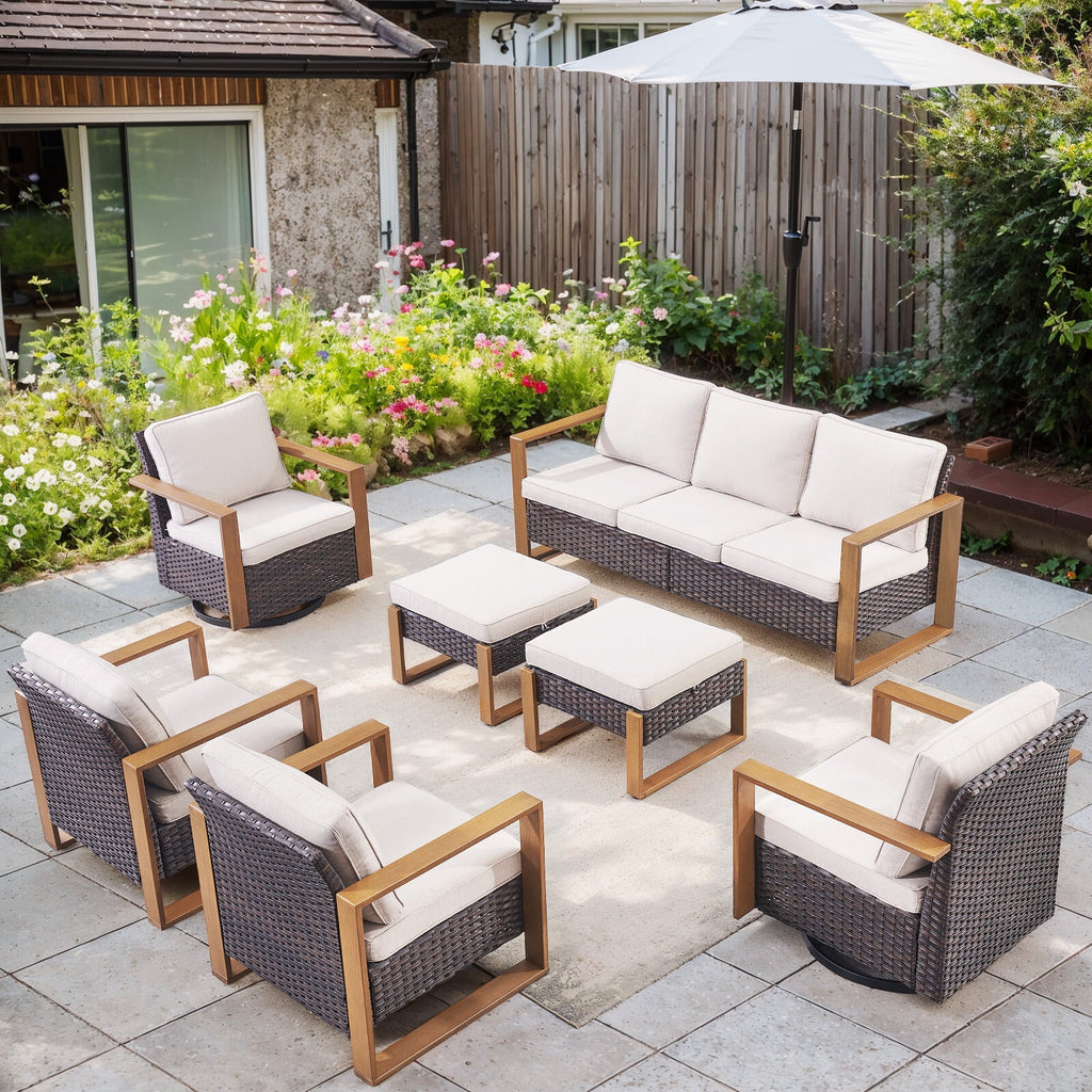 Bellefurn Luxury Patio Furniture Sets with 41” Propane Fire Pit Table,Rattan Outdoor Deep Seating Conversation Set with Swivel Glider Patio Chair,Rattan Sofa&Ottomans for Porch Backyard