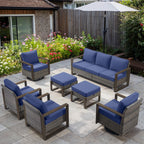 Bellefurn Luxury Patio Furniture Sets with 41” Propane Fire Pit Table,Rattan Outdoor Deep Seating Conversation Set with Swivel Glider Patio Chair,Rattan Sofa&Ottomans for Porch Backyard