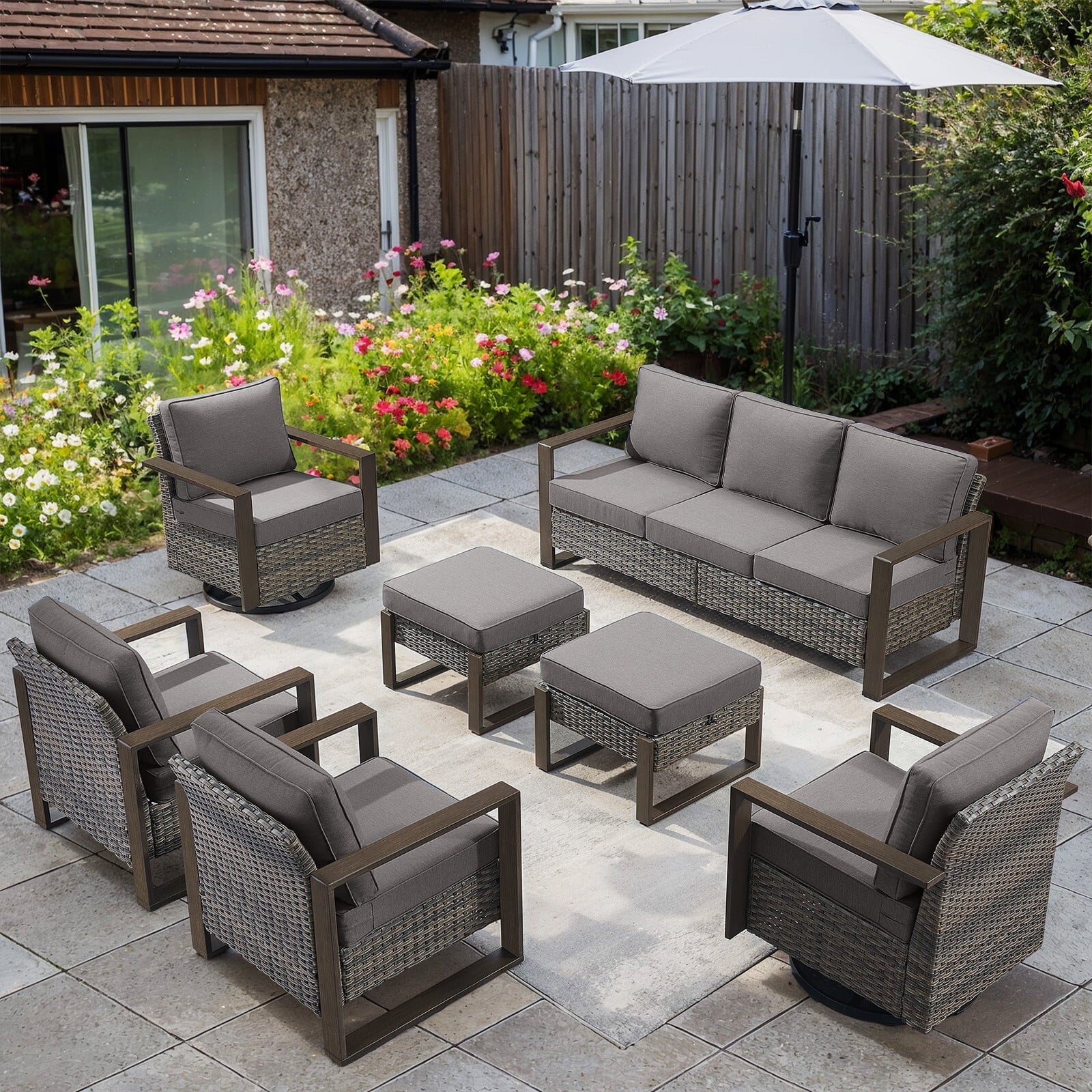 Bellefurn Luxury Patio Furniture Sets with 41” Propane Fire Pit Table,Rattan Outdoor Deep Seating Conversation Set with Swivel Glider Patio Chair,Rattan Sofa&Ottomans for Porch Backyard
