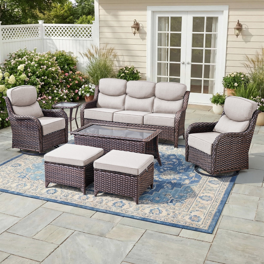 Bellefurn Luxury 6 Pieces Outdoor Patio Furniture Set with Swivel Rocker Chairs 6-inch Extra Thick Cushions,Sofa Coffee Table,Wicker Conversation Sets for Porch Deck Backyard Poolside