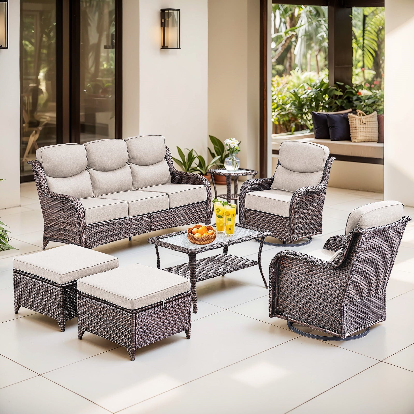 Bellefurn Luxury Outdoor Patio Furniture Sets Outdoor Conversation Sets with Swivel Rocker Patio Chairs with 6" Thick Cushion,Sofa and Glass Coffee Table for Porch Deck Backyard Poolside