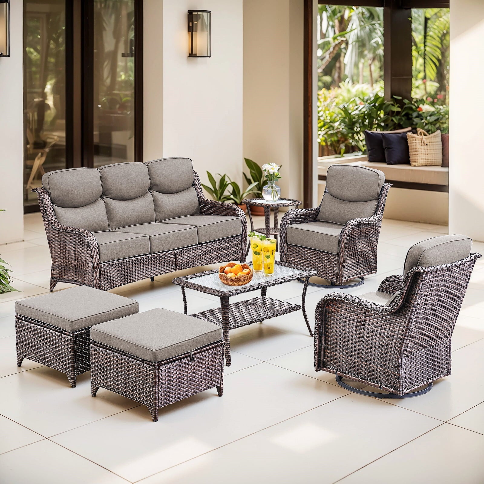 Bellefurn Luxury Outdoor Patio Furniture Sets Outdoor Conversation Sets with Swivel Rocker Patio Chairs with 6" Thick Cushion,Sofa and Glass Coffee Table for Porch Deck Backyard Poolside