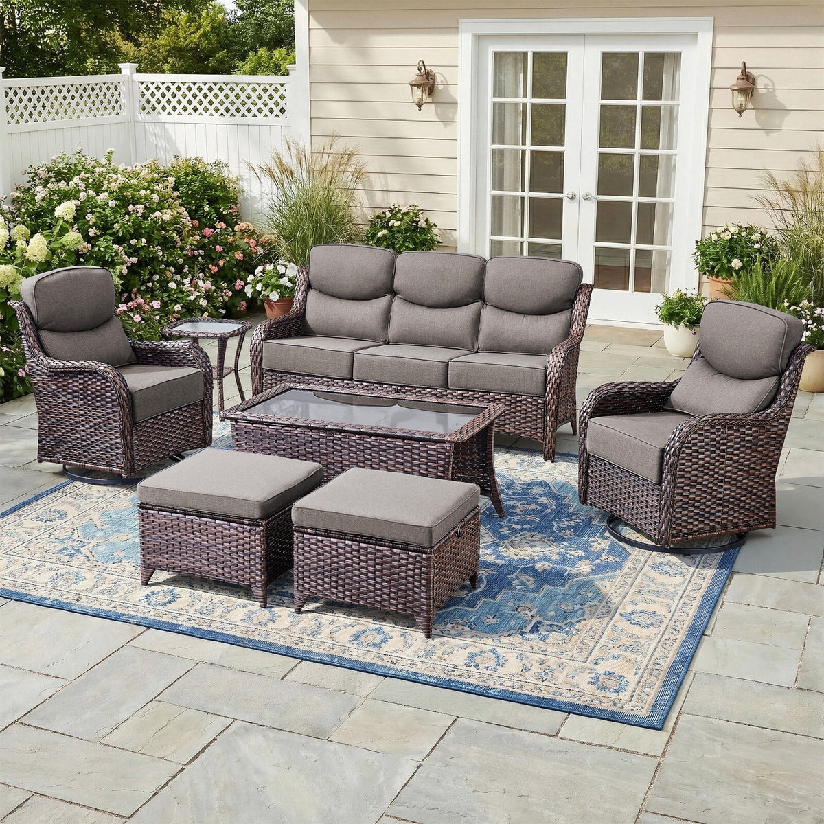 Bellefurn Luxury 6 Pieces Outdoor Patio Furniture Set with Swivel Rocker Chairs 6-inch Extra Thick Cushions,Sofa Coffee Table,Wicker Conversation Sets for Porch Deck Backyard Poolside