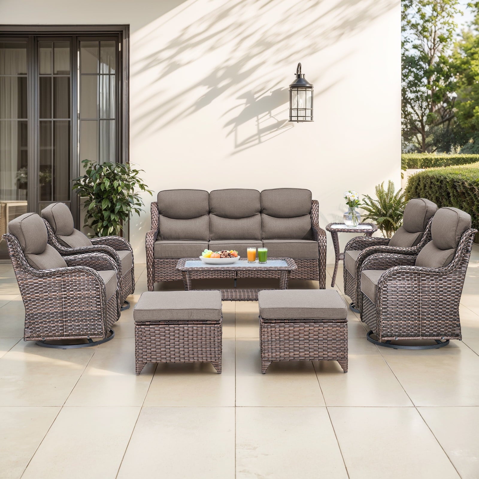 Bellefurn Luxury Outdoor Patio Furniture Sets Outdoor Conversation Sets with Swivel Rocker Patio Chairs with 6" Thick Cushion,Sofa and Glass Coffee Table for Porch Deck Backyard Poolside