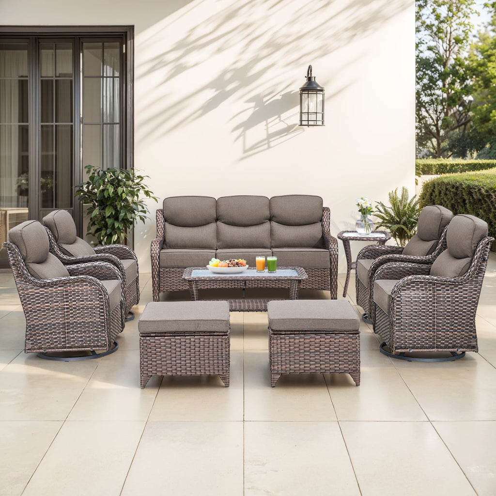 Bellefurn Luxury 6 Pieces Outdoor Patio Furniture Set with Swivel Rocker Chairs 6-inch Extra Thick Cushions,Sofa Coffee Table,Wicker Conversation Sets for Porch Deck Backyard Poolside