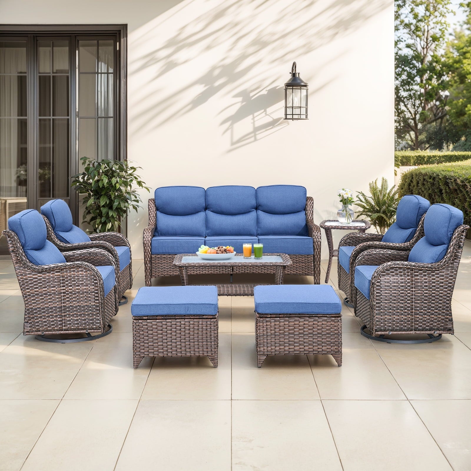 Bellefurn Luxury Outdoor Patio Furniture Sets Outdoor Conversation Sets with Swivel Rocker Patio Chairs with 6" Thick Cushion,Sofa and Glass Coffee Table for Porch Deck Backyard Poolside